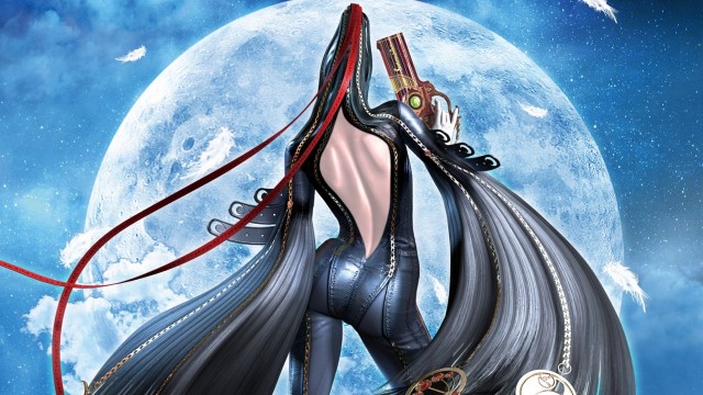 Bayonetta from behind, showing her hair catsuit.