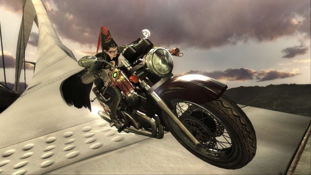 Bayonetta in the first motobike sequence of the game, on a bridge.