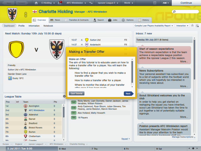 Football Manager 2012 - Charlotte Hickling (Overview Dashboard)