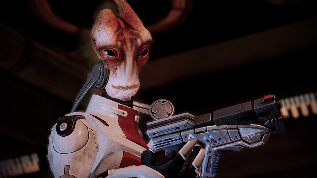 Modin Solus examines a gun in Mass Effect 2