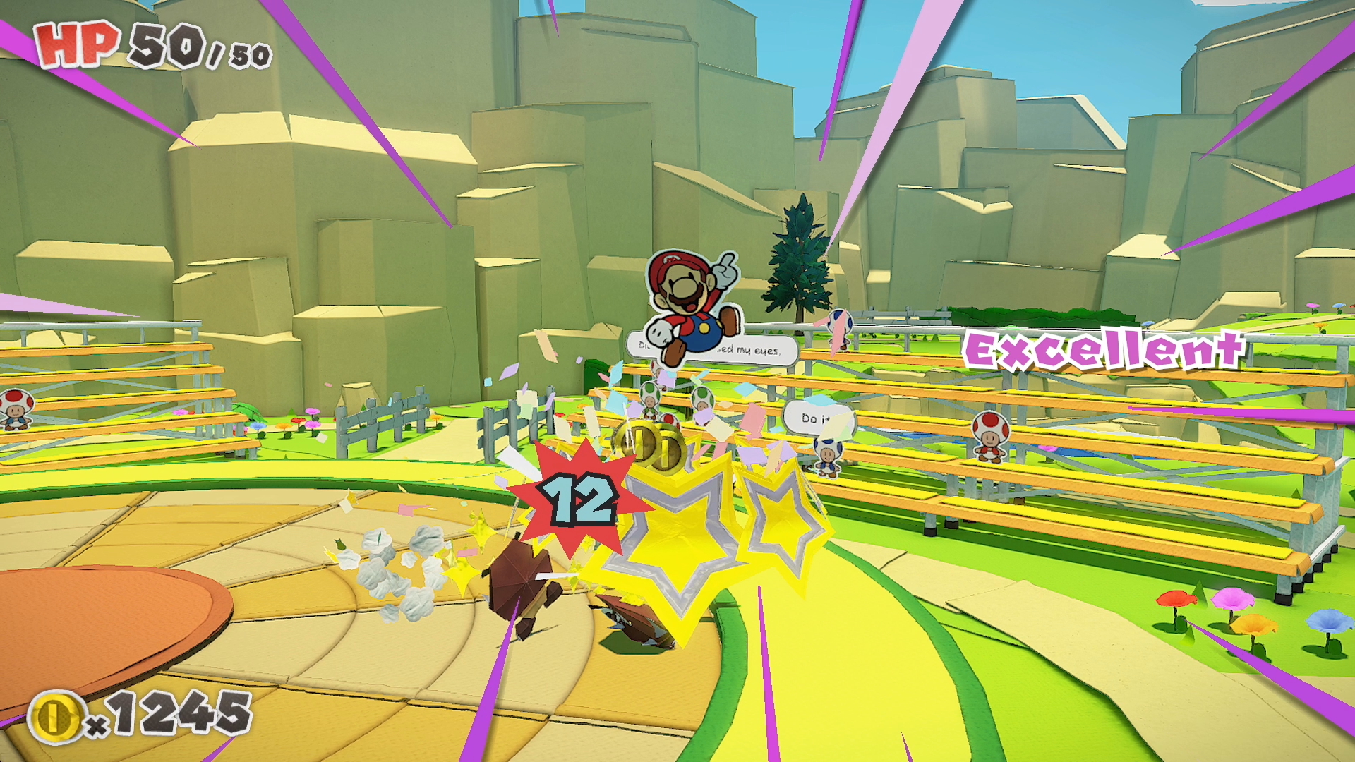 A screenshot from Paper Mario: The Origami King's battle system