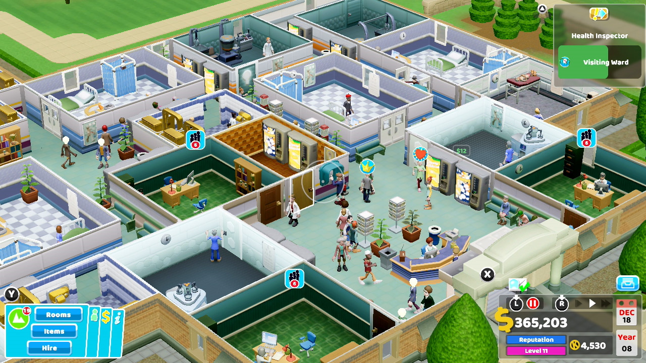 A screenshot of Two Point Hospital, Nintendo Switch Edition