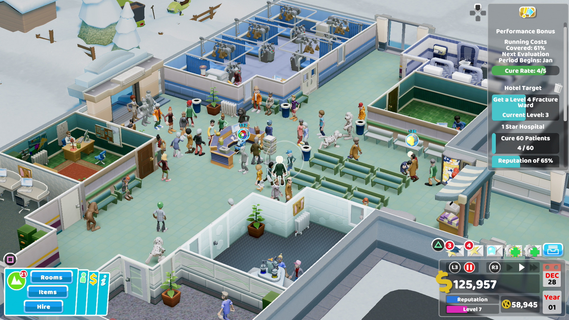 A screenshot of Two Point Hospital on PS4