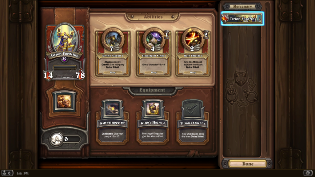 A screenshot of Hearthstone Mercenaries