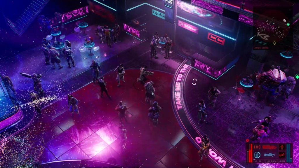 A bustling cyberpunk nightclub