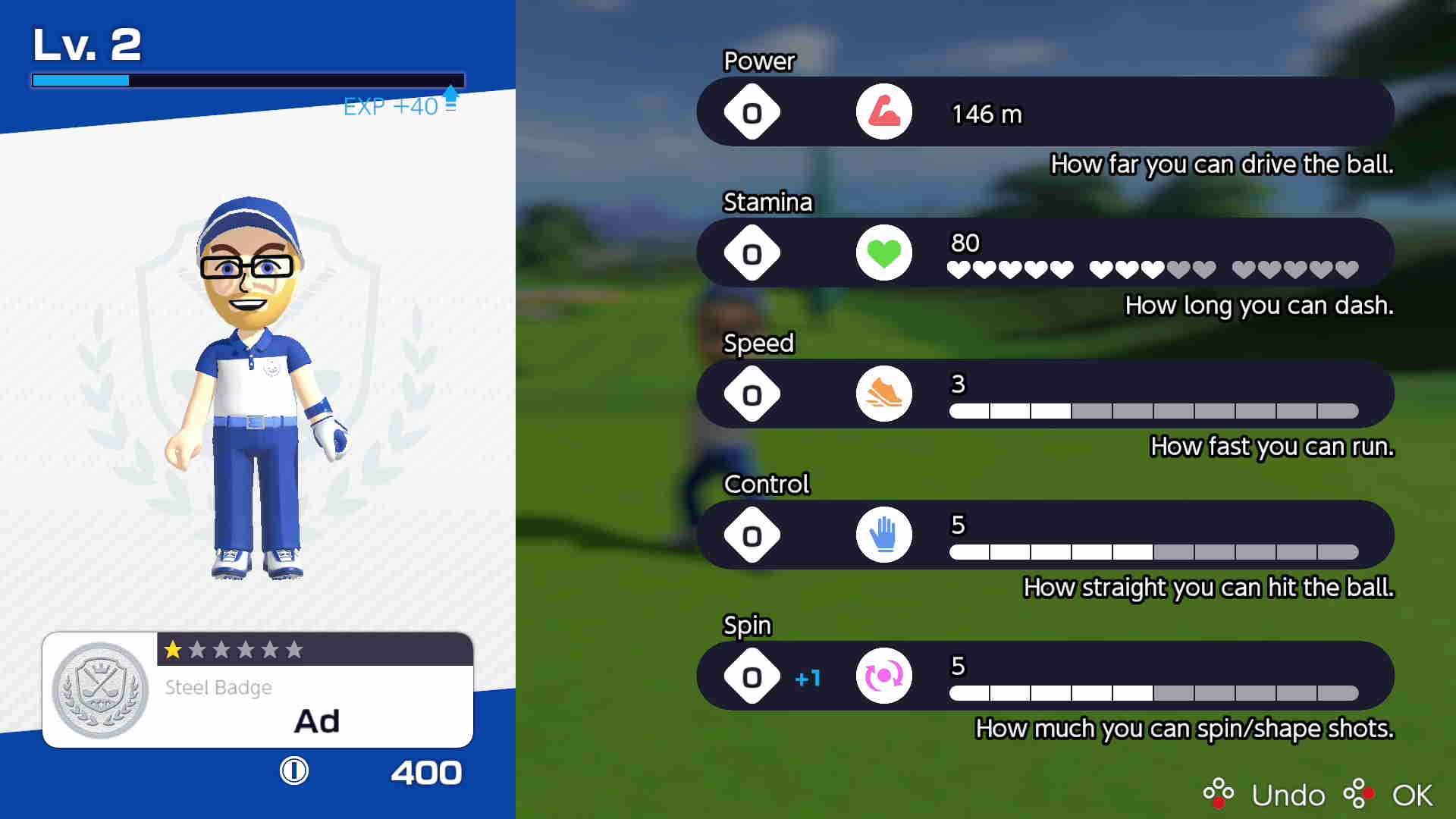 Mario Golf: Super Rush stats screen